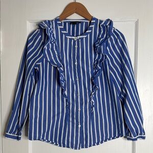J. Crew Blue and White Ruffle Blouse Size 4
